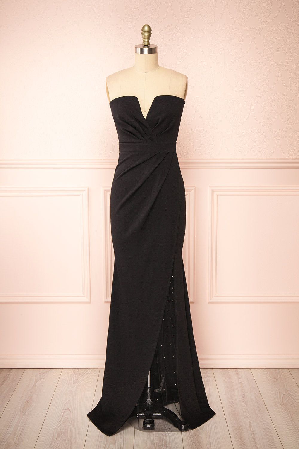 Zinnia | Black Bustier Maxi Dress w/ Sparkling Slit sold by Boutique 1861