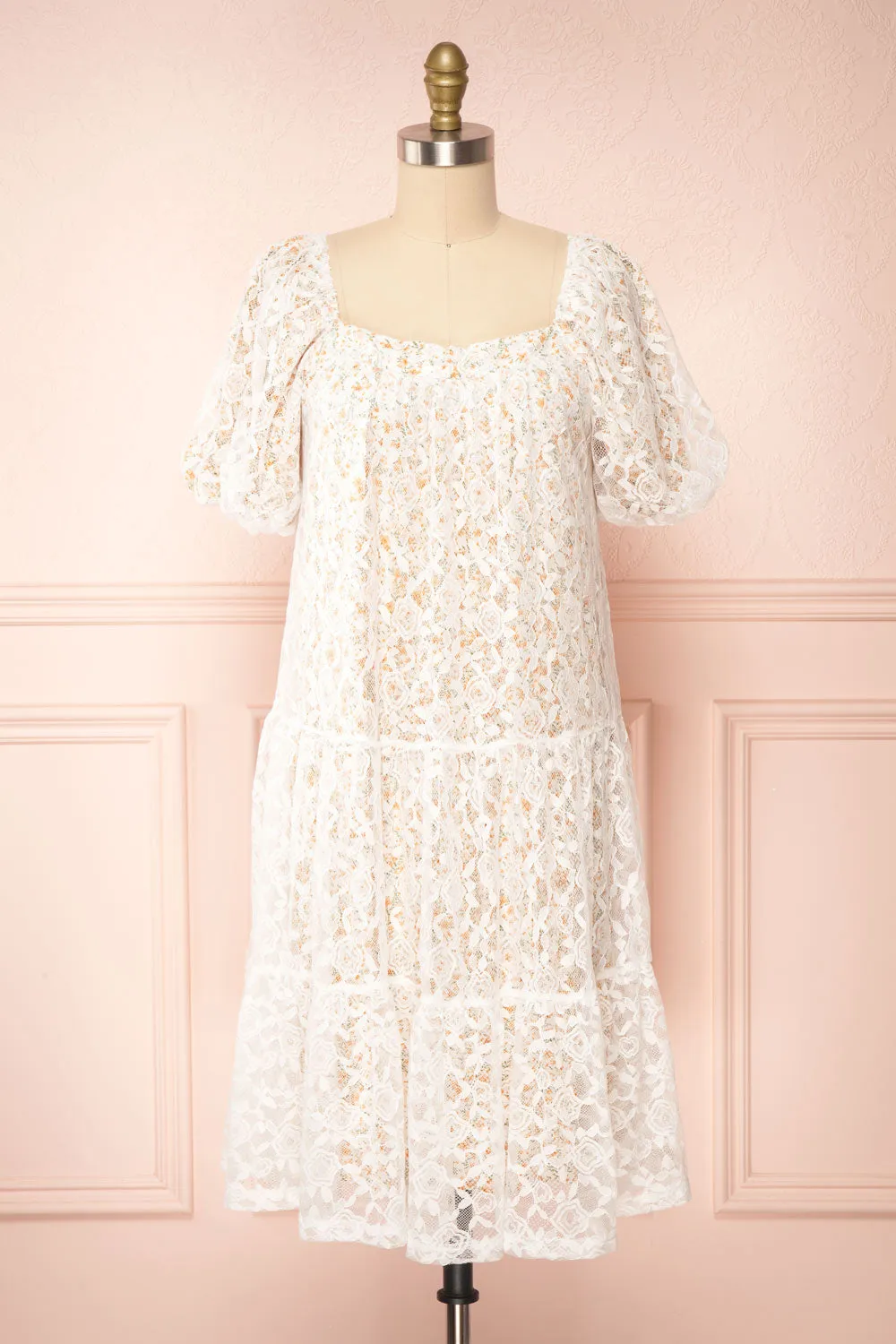 Harmaunie | Lace Floral Midi Dress w/ Balloon Sleeves sold by Boutique 1861