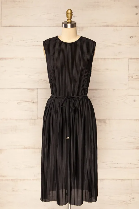 Padstow Black | Sleeveless Pleated Midi Dress sold by Boutique 1861
