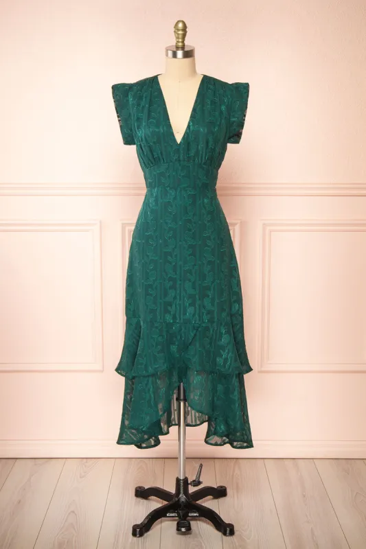 Evadora | Green Midi Dress w/ Textured Floral Fabric sold by Boutique 1861