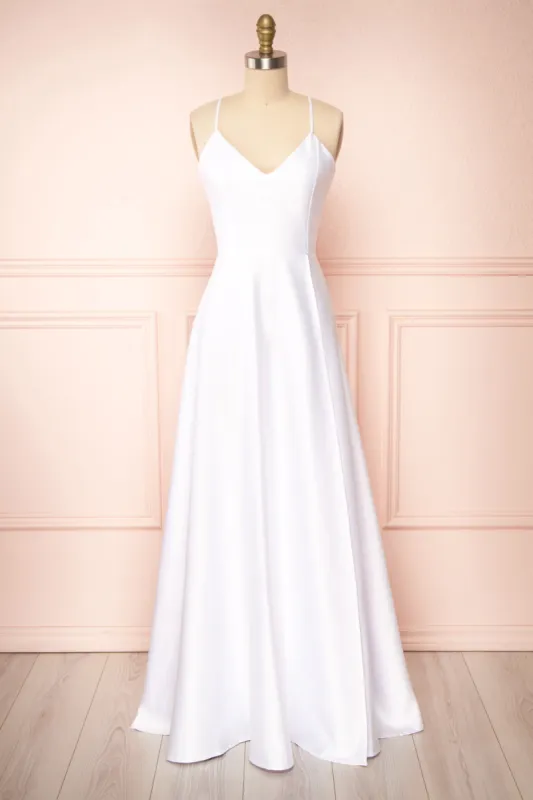 Julia Ivory | Satin Maxi Dress with High Slit sold by Boutique 1861