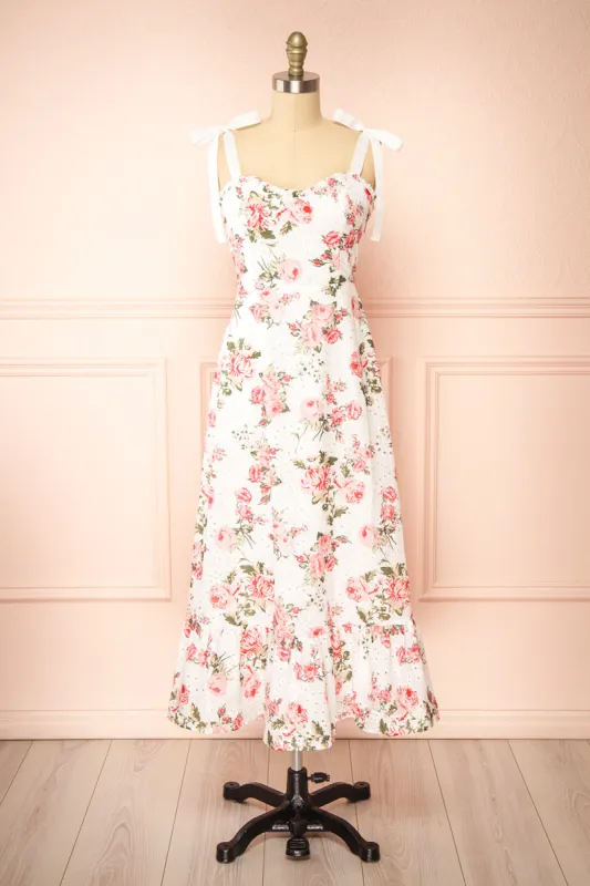 Jihoon | Tie Strap White Floral Midi Dress w/ Ruffles sold by Boutique 1861