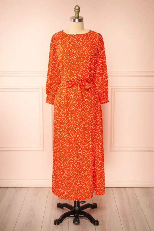 Laureanne | Red Polka Dot Belted Midi Dress sold by Boutique 1861