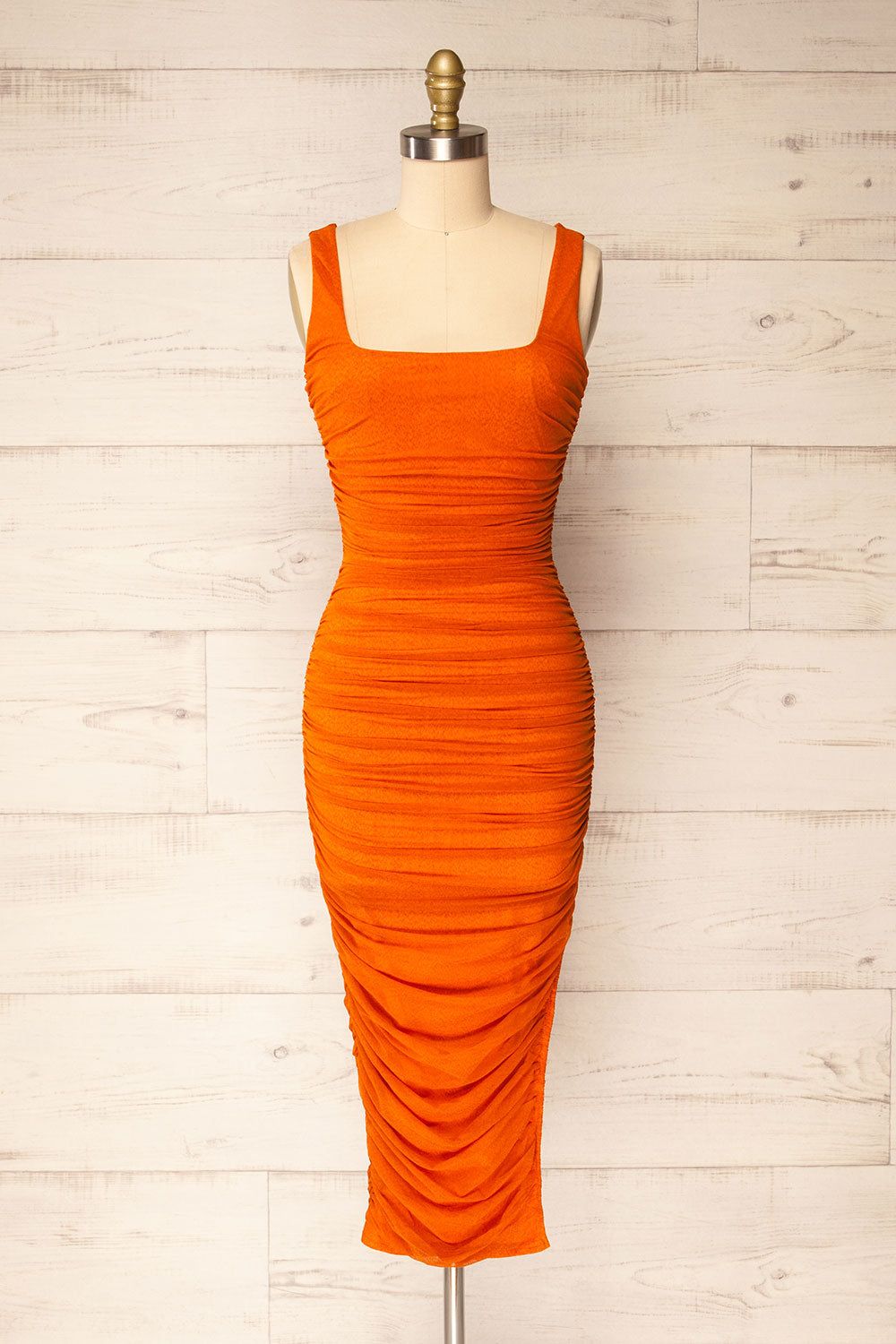 Fecho Orange | Fitted Ruched Midi Dress sold by Boutique 1861