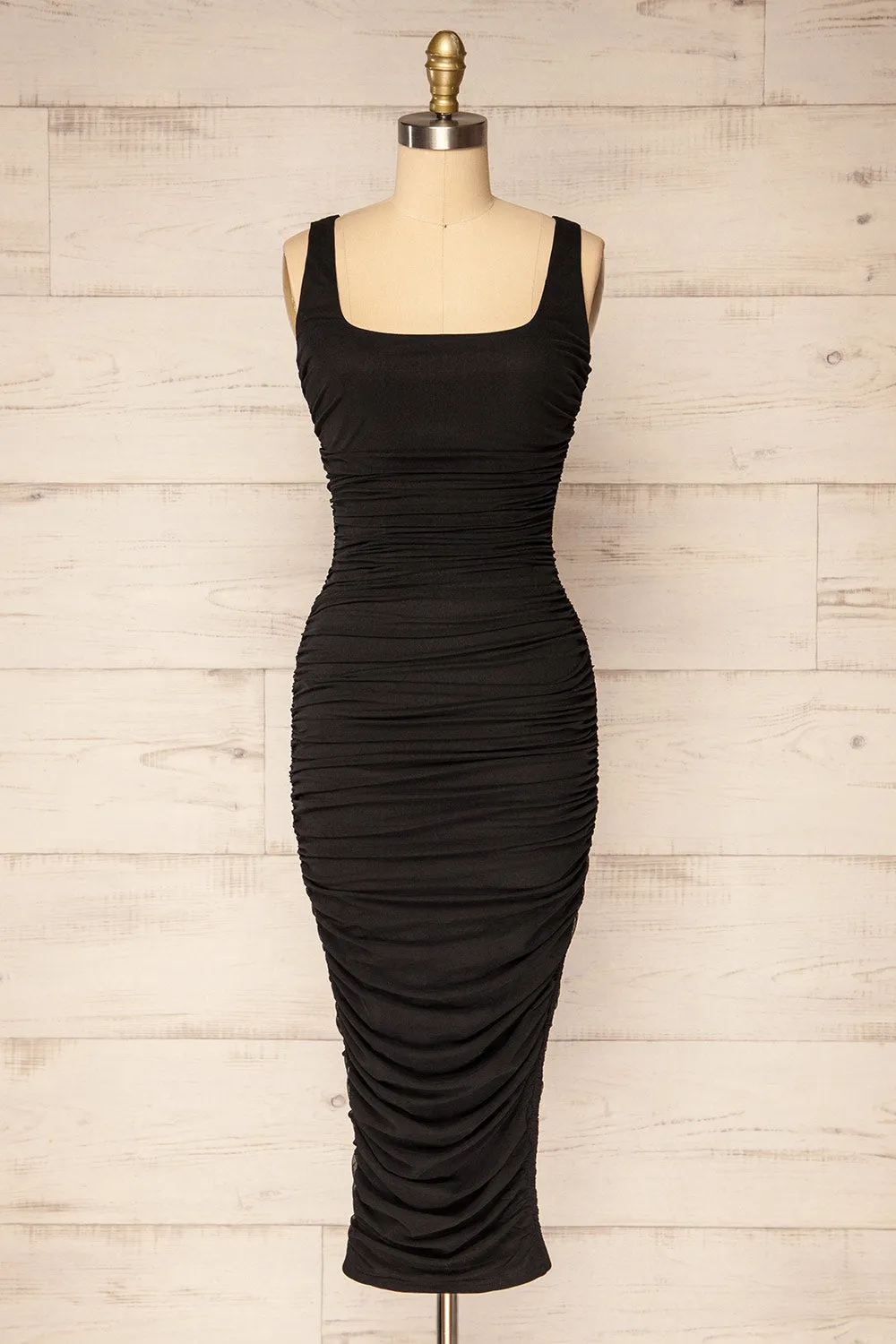 Fecho Black | Fitted Ruched Midi Dress sold by Boutique 1861