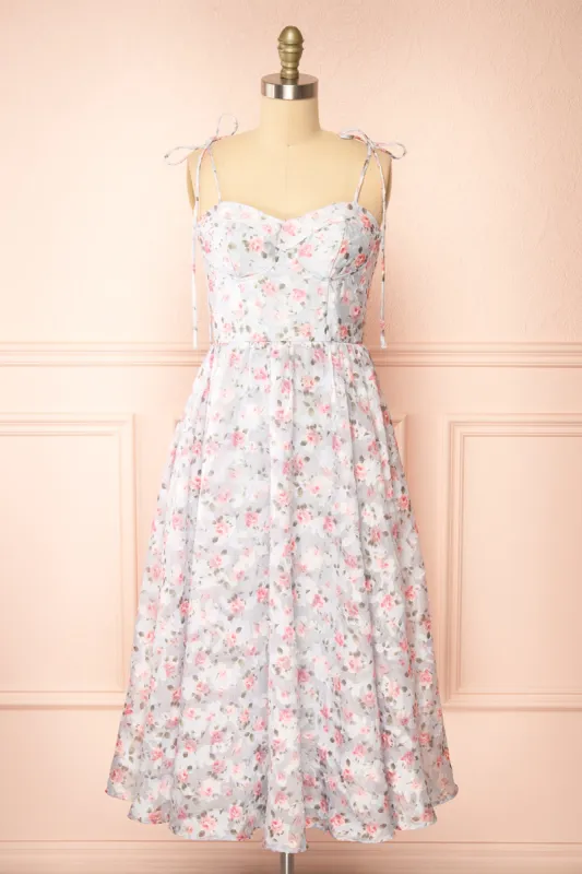 Saphira | Blue Bustier Floral Midi Dress sold by Boutique 1861
