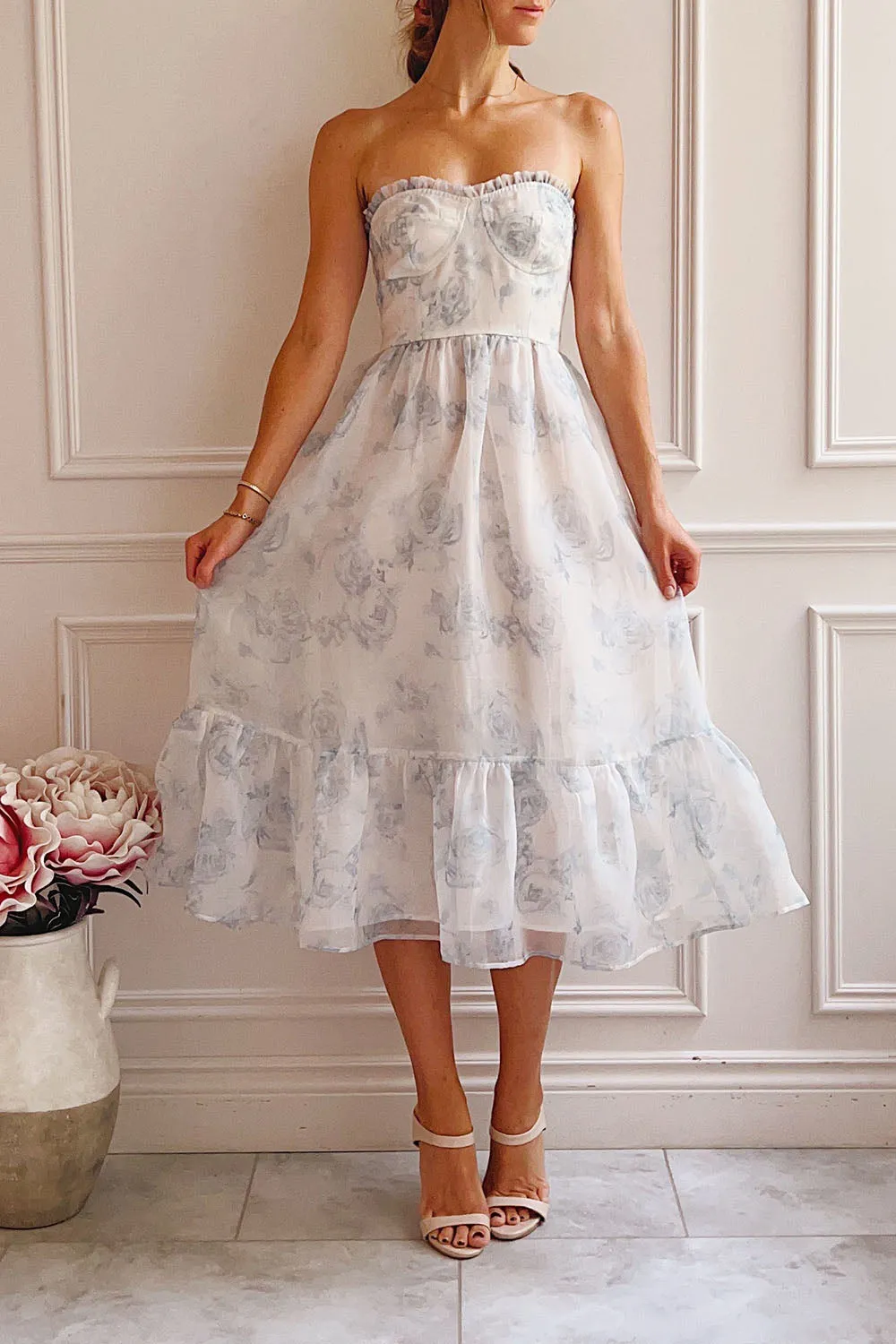 Caelly | Blue & White Bustier Floral Midi Dress sold by Boutique 1861 product image thumbnail 2