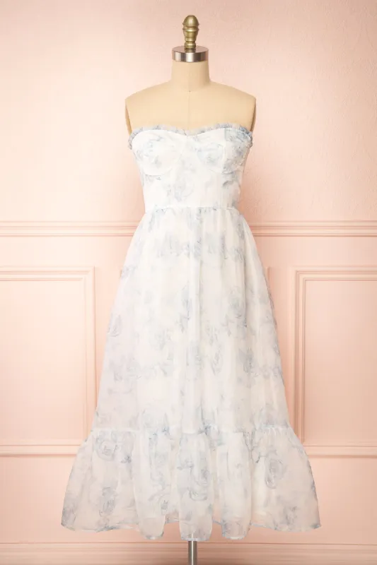 Caelly | Blue & White Bustier Floral Midi Dress sold by Boutique 1861