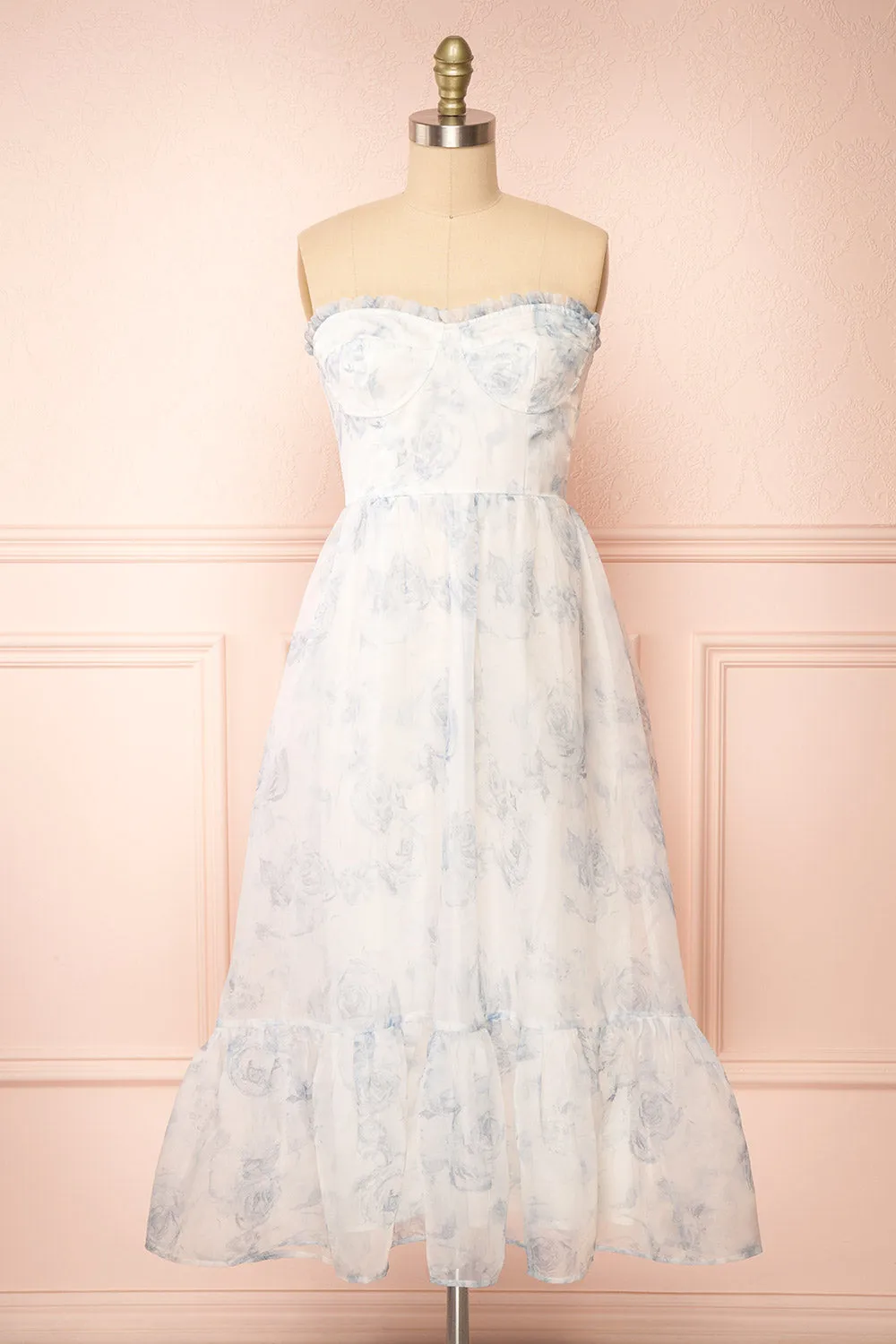 Caelly | Blue & White Bustier Floral Midi Dress sold by Boutique 1861