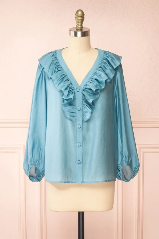 Felicie Blue | Long Sleeve Blouse w/ Ruffle Collar sold by Boutique 1861