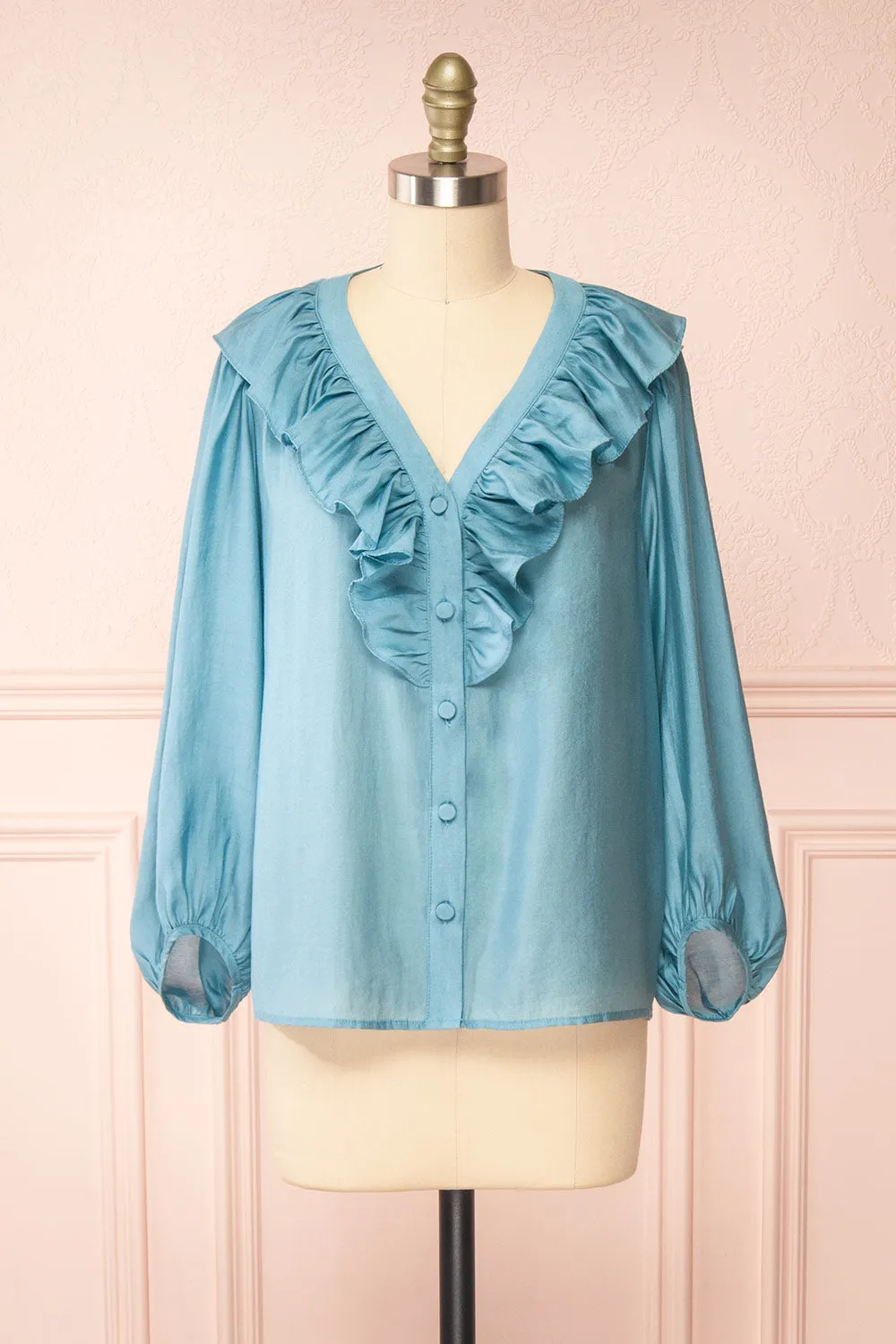 Felicie Blue | Long Sleeve Blouse w/ Ruffle Collar sold by Boutique 1861