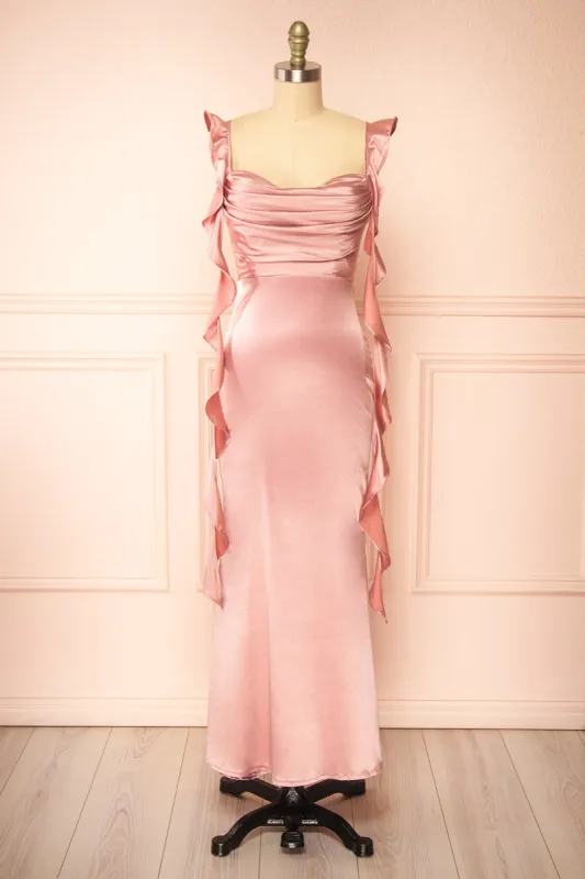 Rolania | Long Mauve Satin Dress sold by Boutique 1861