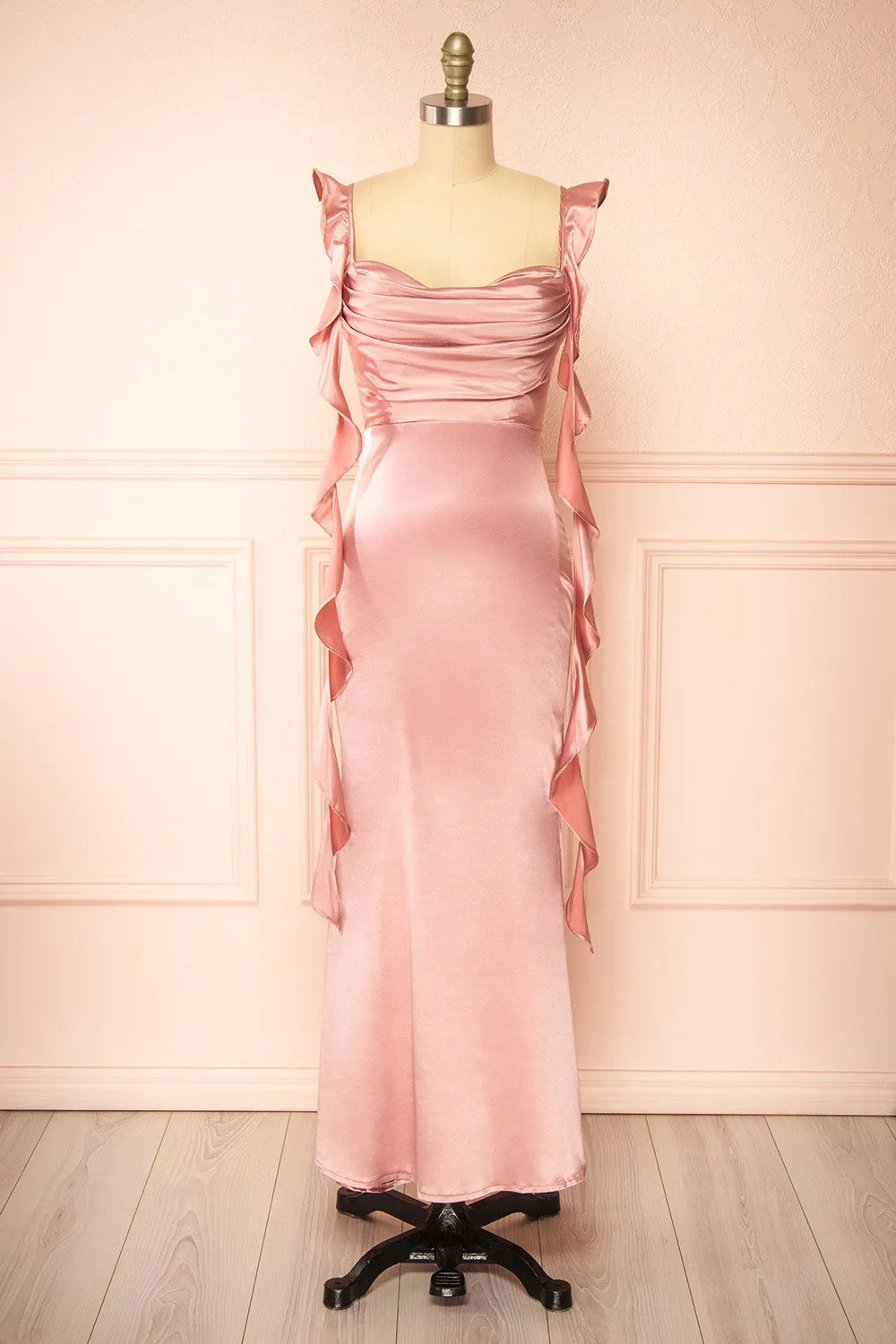 Rolania | Long Mauve Satin Dress sold by Boutique 1861