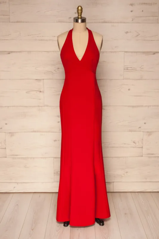 Lubomierz | Red Halter Maxi Dress sold by Boutique 1861
