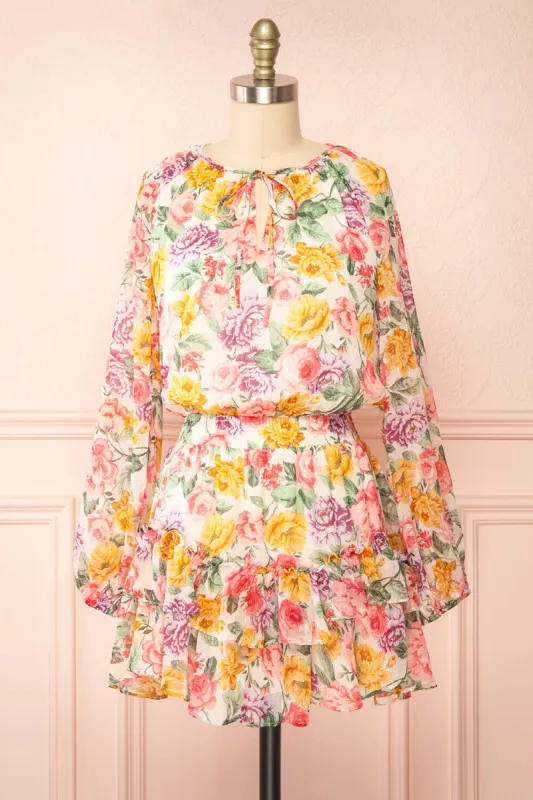 Echa | Colourful Short Floral Dress w/ Long Sleeves sold by Boutique 1861