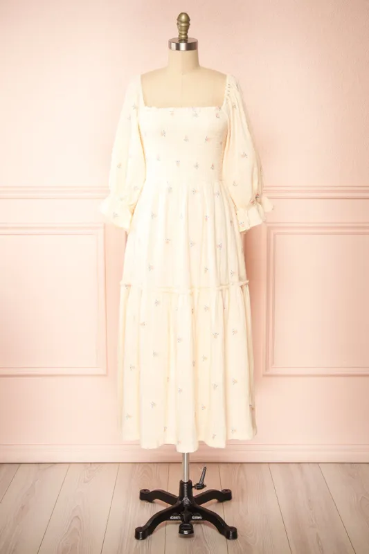 Estelle Ivory | Midi Dress w/ Floral Embroidery sold by Boutique 1861