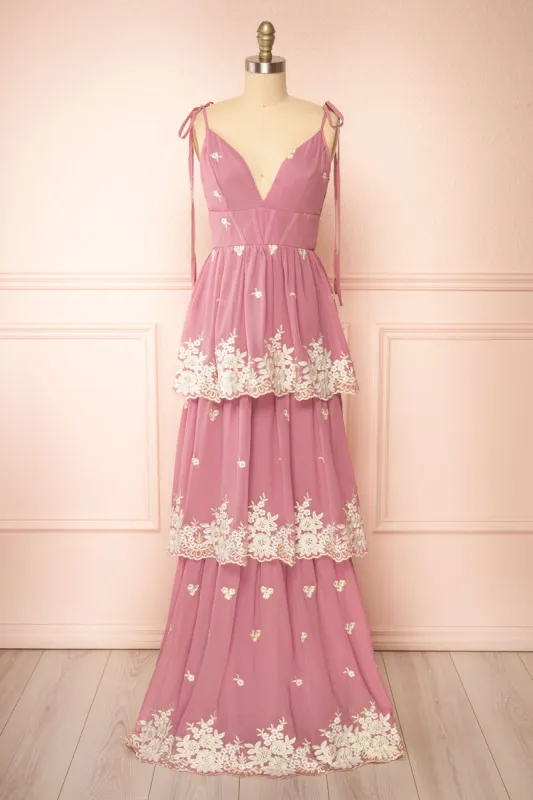 Taliana Mauve | Chiffon Maxi Dress w/ Floral Embroidery sold by Boutique 1861