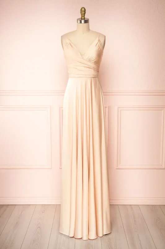 Lizza Beige | Satin Maxi Dress w/ Slit sold by Boutique 1861