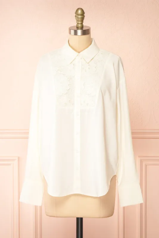 Caselotta | Ivory Shirt w/ Embroidered Flowers sold by Boutique 1861