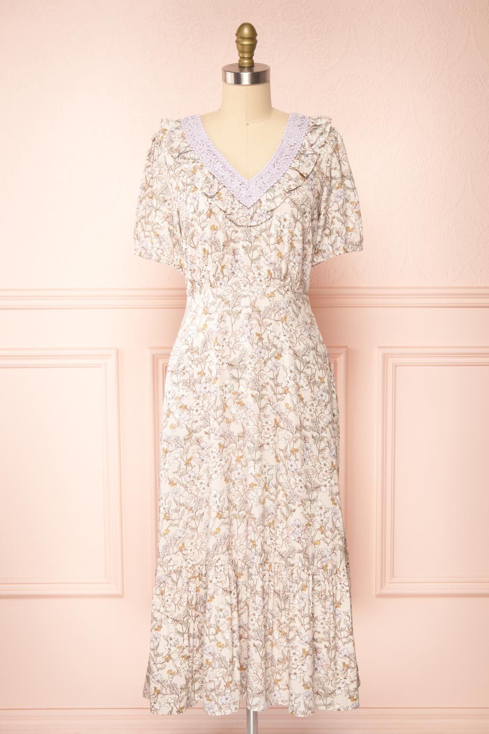Corinne | Floral Midi Dress w/ Embroidered Collar sold by Boutique 1861