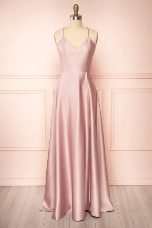 Julia Mauve | Satin Maxi Dress w/ High Slit sold by Boutique 1861