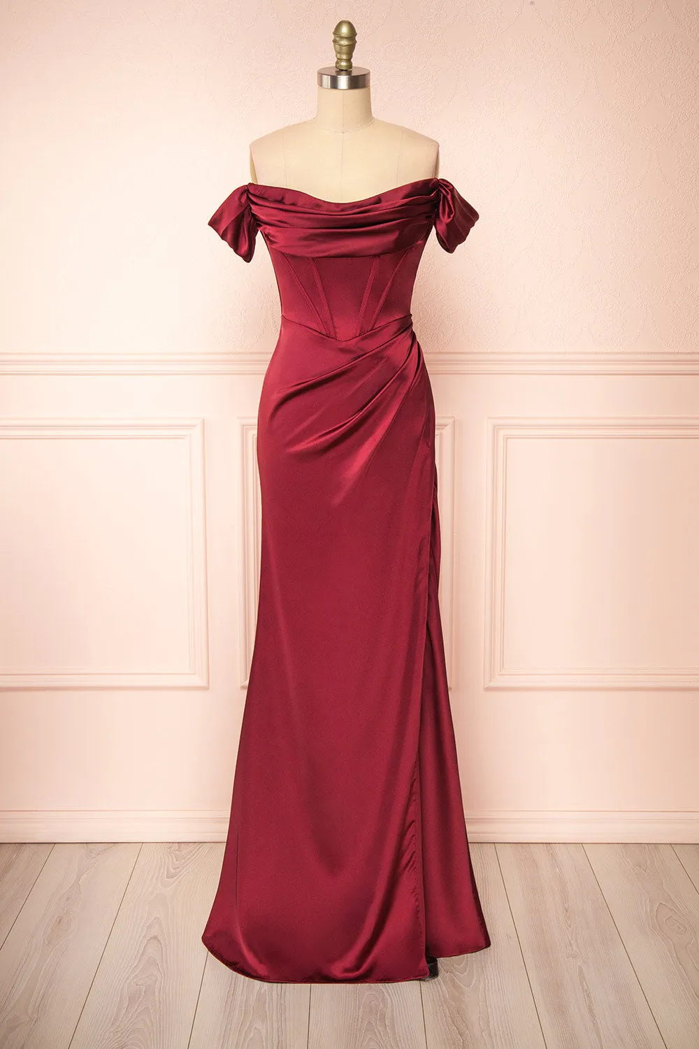 Evolet Burgundy | Off-Shoulder Corset Maxi Dress sold by Boutique 1861