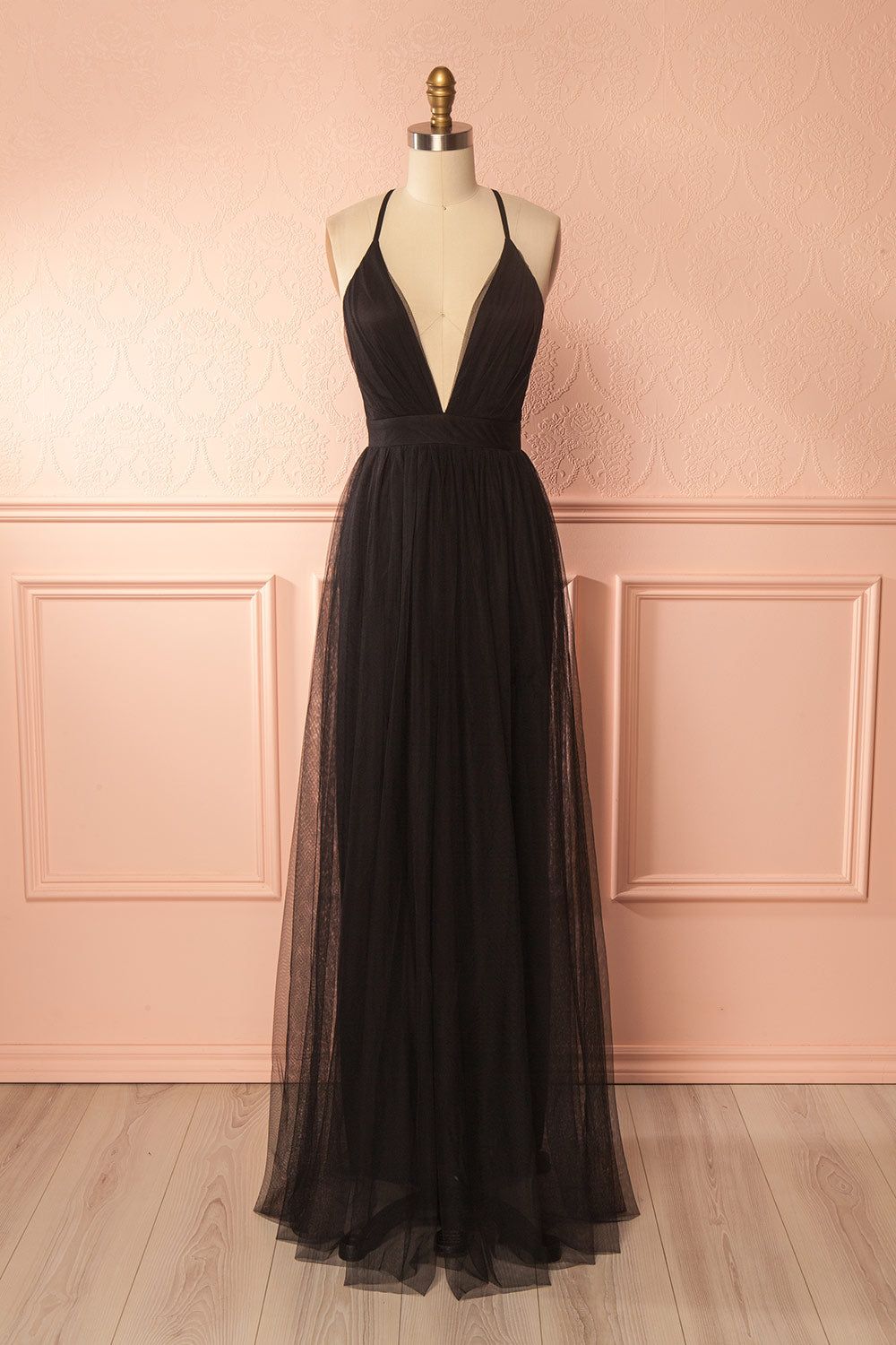 Aliki Black | Plunging Neckline Mesh Maxi Dress sold by Boutique 1861