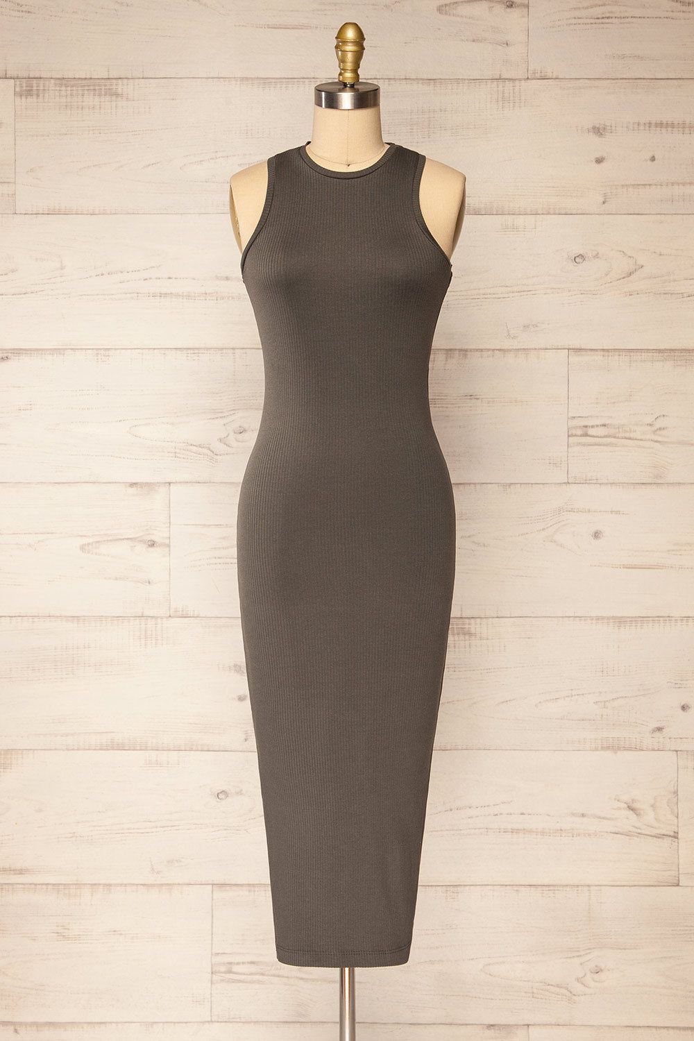 Vateras Khaki | Ribbed Sleeveless Midi Dress sold by Boutique 1861