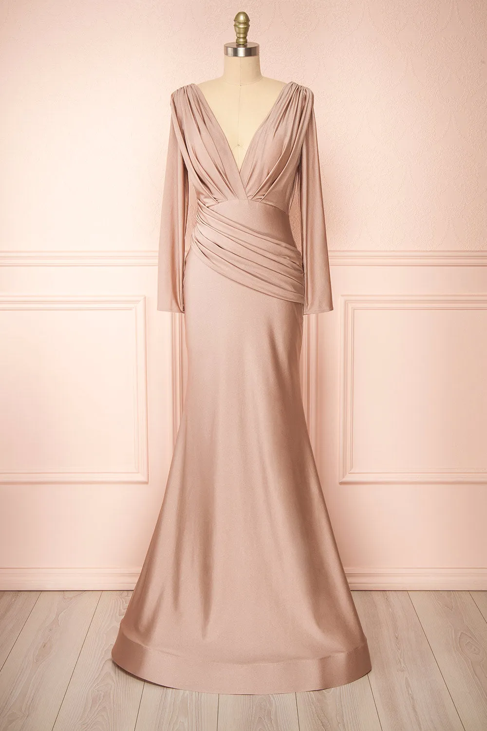 Lenai Taupe | Draped Mermaid Gown w/ Long Sleeves sold by Boutique 1861