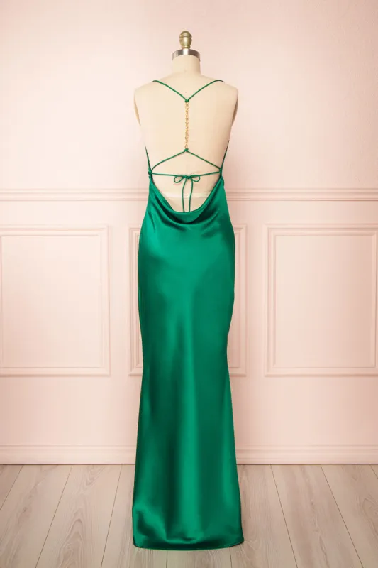 Areane Green | Cowl Neck Satin Maxi Dress w/ Chain sold by Boutique 1861