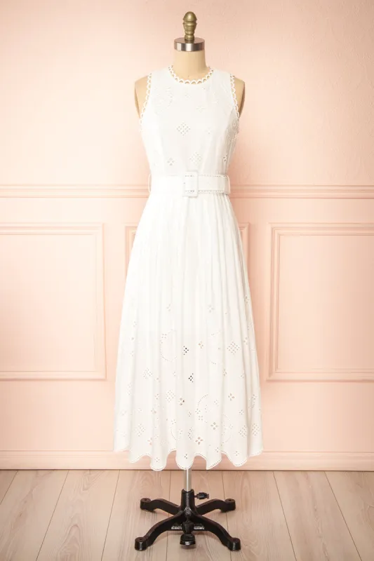 Danilynn | Midi White Openwork Dress w/ Belt sold by Boutique 1861