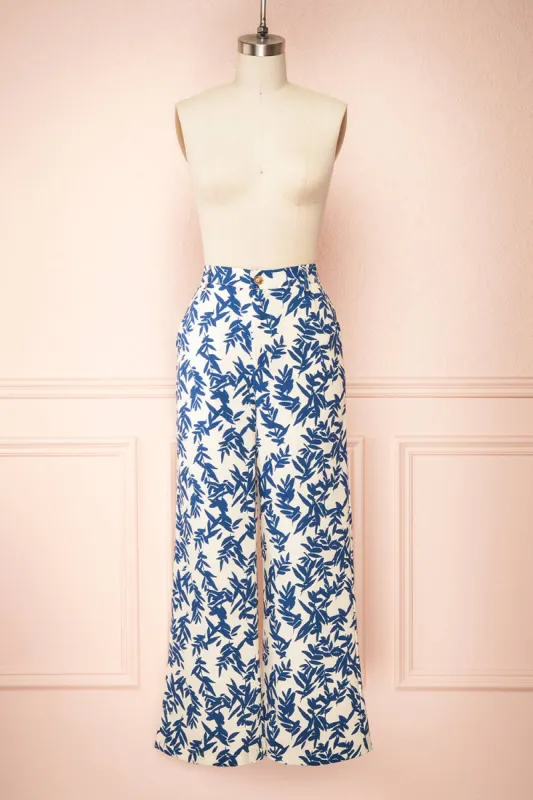 Beckham | Ivory & Blue High-Waisted Patterned Pants sold by Boutique 1861