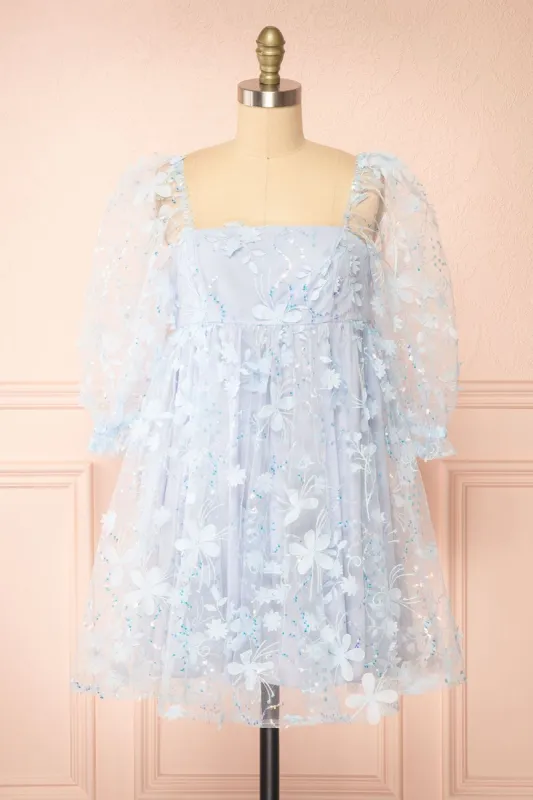 Laeticia | Blue Babydoll Dress w/ Floral Appliqués made by Boutique 1861