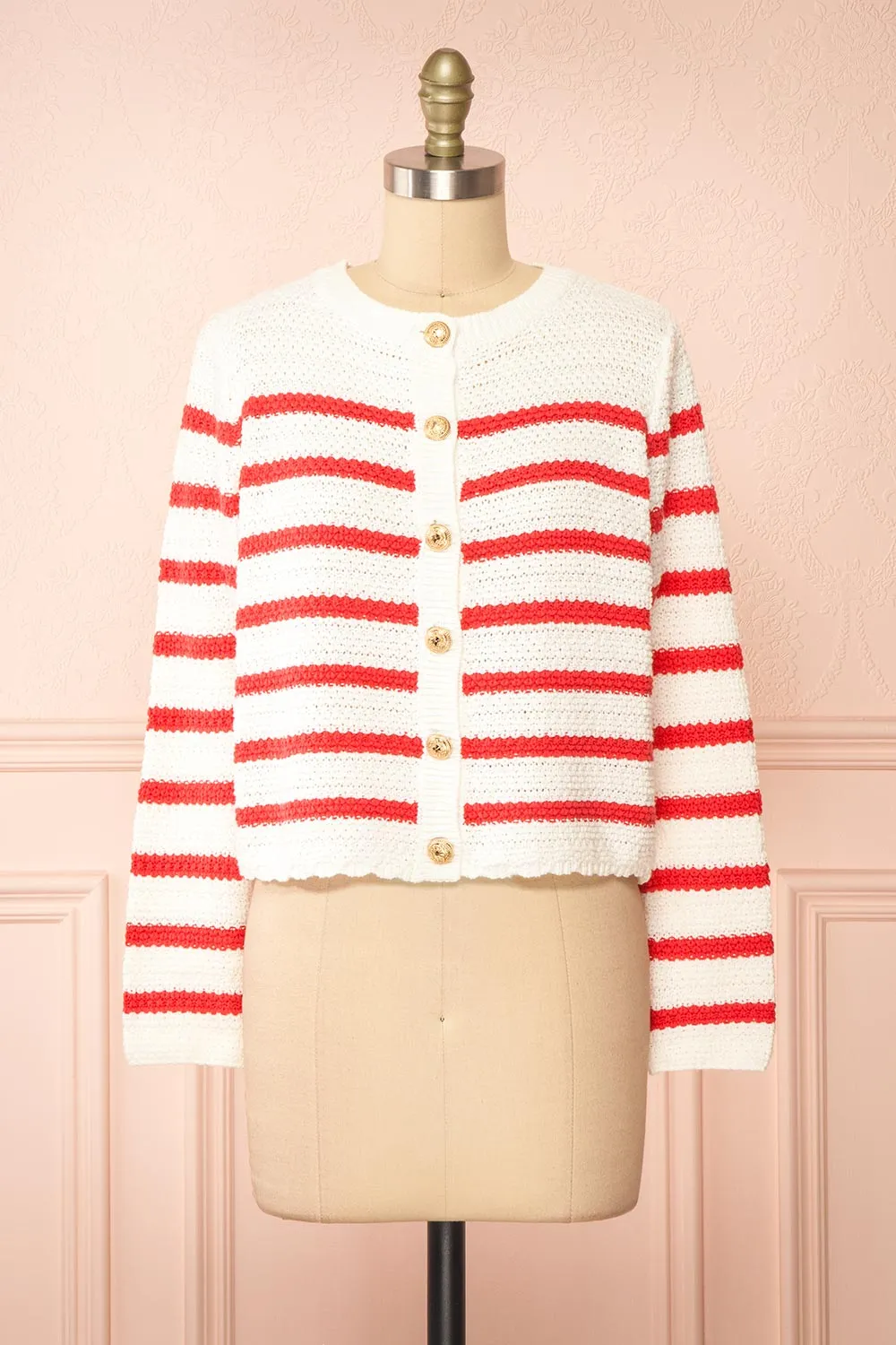 Rosye | White Knit Cardigan w/ Red Stripes sold by Boutique 1861