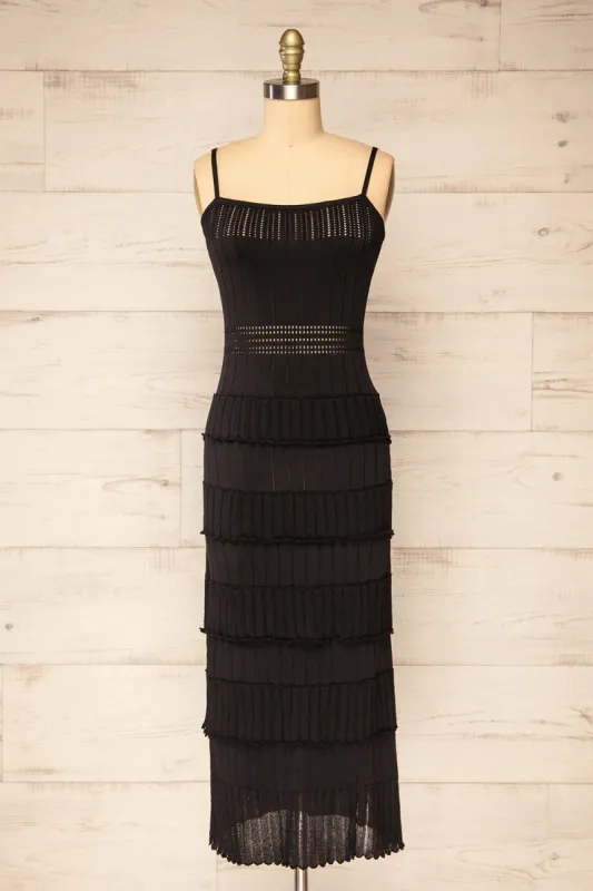 Rotherwick | Black Knit Openwork Midi Dress sold by Boutique 1861