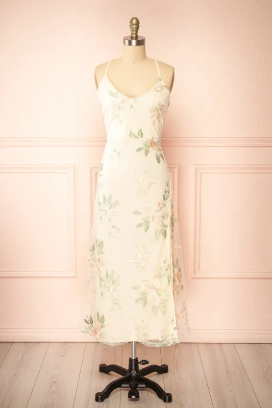 Hildred | Embroidered Midi Dress with Open Back sold by Boutique 1861