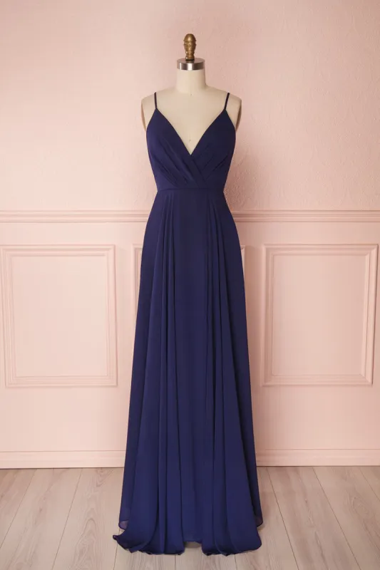 Aelis Navy | Pleated Plunging V-Neckline Gown sold by Boutique 1861