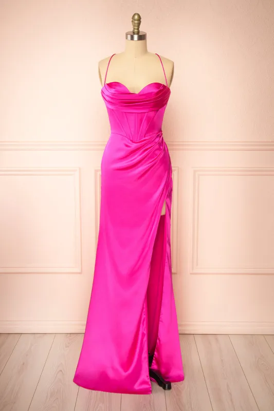 Kesha Fuchsia | Corset Cowl Neck Maxi Dress sold by Boutique 1861