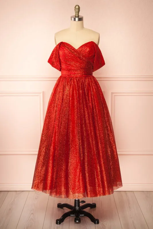 Anastriana Red | Sparkly Off-Shoulder Midi Dress sold by Boutique 1861