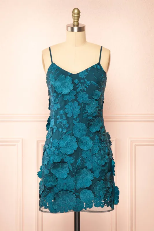 Liliane Teal | Short Mesh Dress w/ Floral Appliqués sold by Boutique 1861