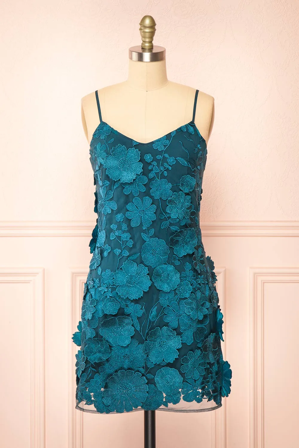 Liliane Teal | Short Mesh Dress w/ Floral Appliqués sold by Boutique 1861