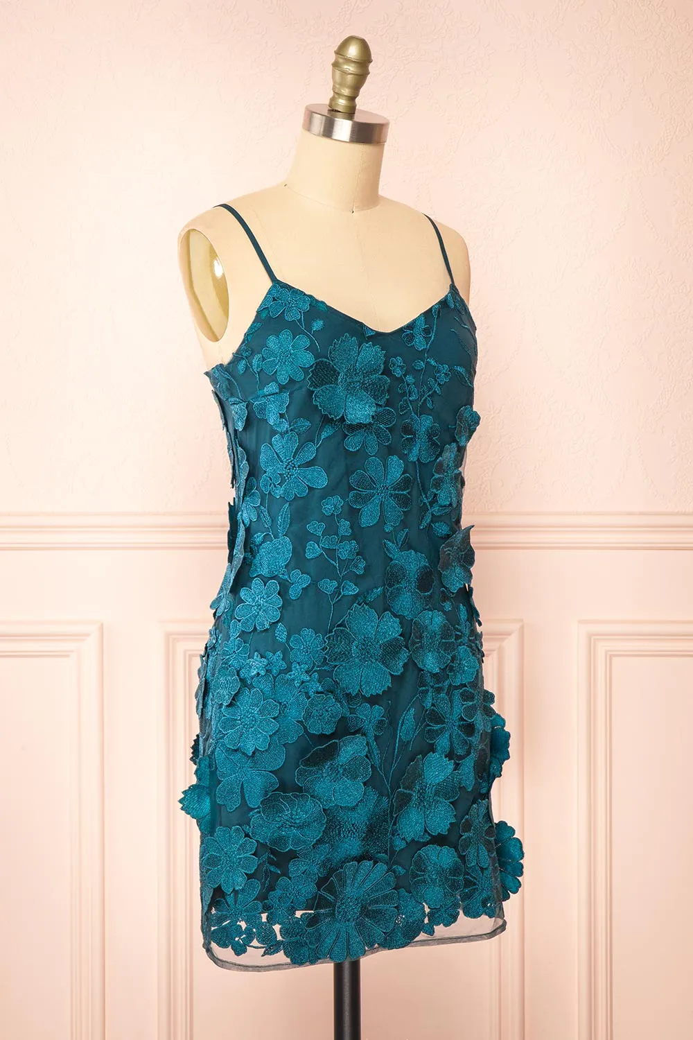 Liliane Teal | Short Mesh Dress w/ Floral Appliqués sold by Boutique 1861 product image thumbnail 4