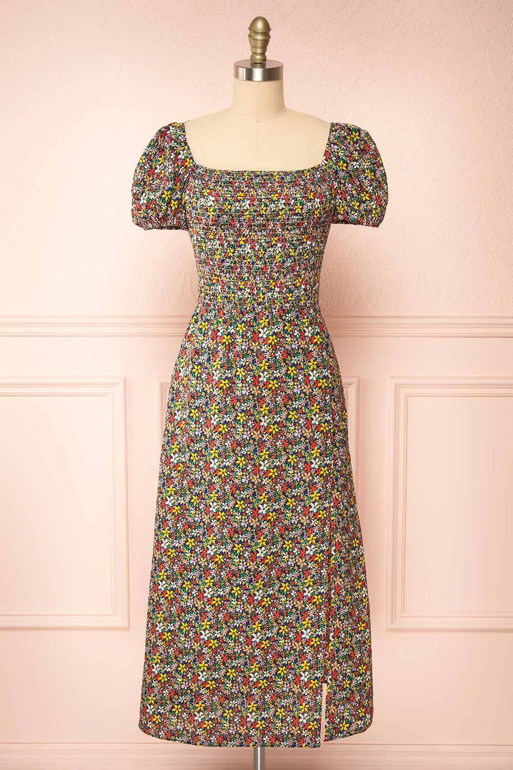 Syrniki | Black Floral Midi Dress w/ Puff Sleeves sold by Boutique 1861