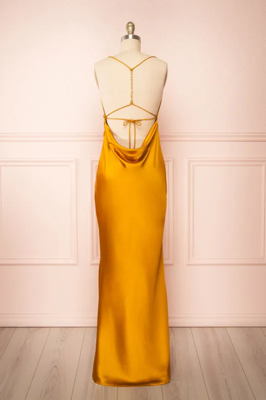 Areane Yellow | Cowl Neck Satin Maxi Dress w/ Chain sold by Boutique 1861