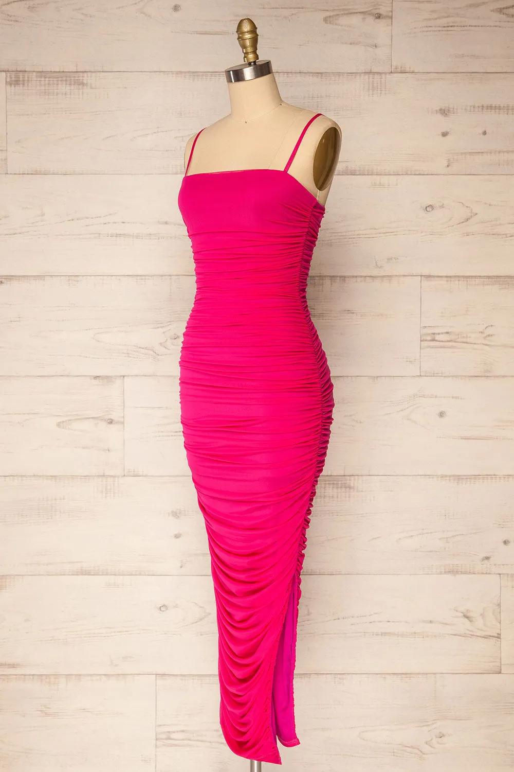 Yurtof Fuchsia | Fitted Ruched Midi Dress sold by Boutique 1861 product image thumbnail 3