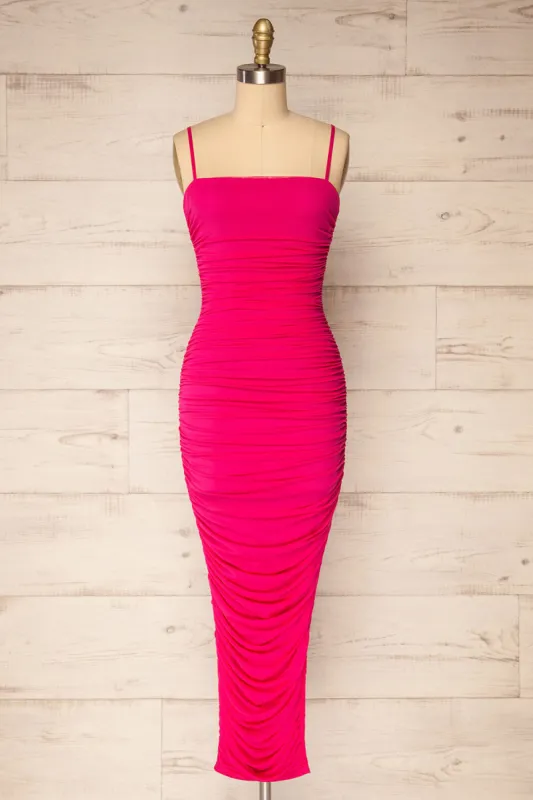 Yurtof Fuchsia | Fitted Ruched Midi Dress sold by Boutique 1861