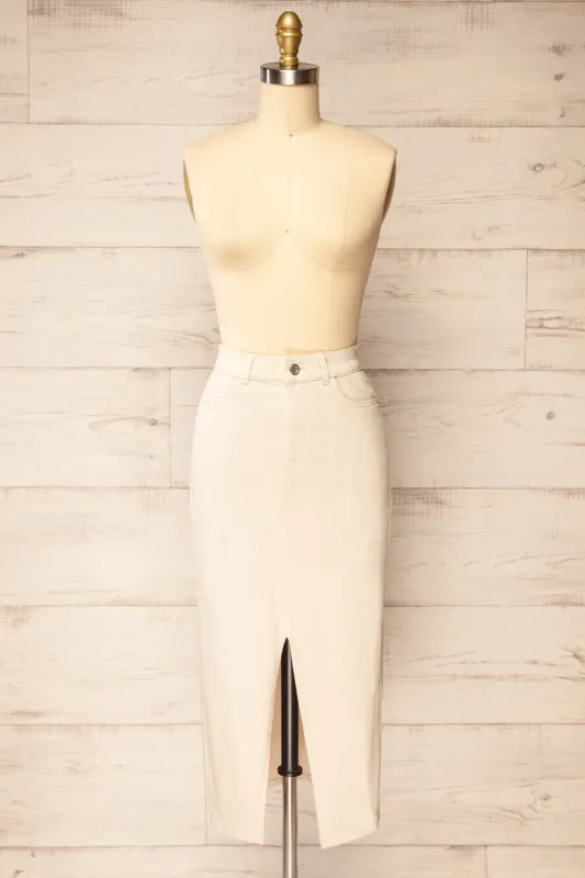 Busan Beige | Straight Denim Midi Skirt sold by Boutique 1861