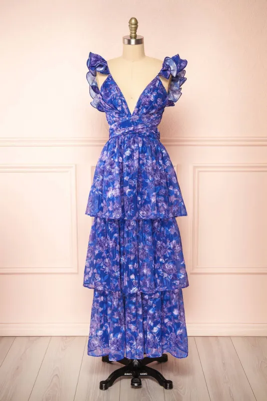 Avaline | Long Blue Floral Dress w/ Ruffled Straps sold by Boutique 1861