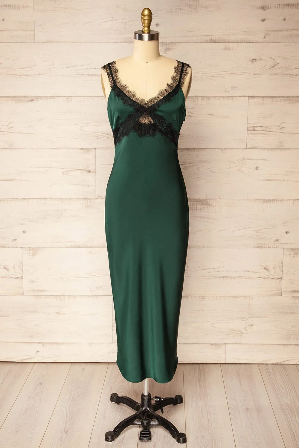 Valencienne | Green Satin Dress w/ Black Lace sold by Boutique 1861