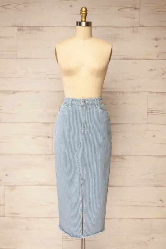 Clarke | Striped Blue Midi Denim Skirt sold by Boutique 1861
